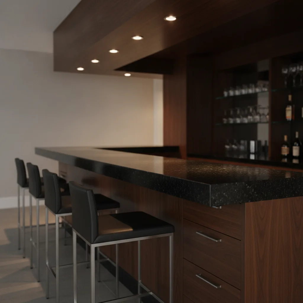 Polished dark granite bar top with bar stools and warm recessed lighting in a modern home entertainment room.