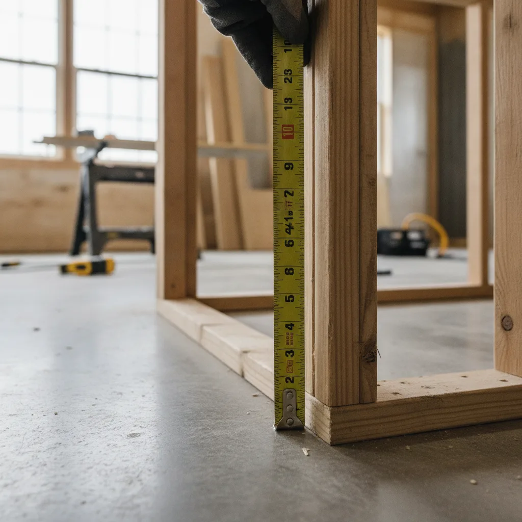 A contractor measures a home bar frame with a steel tape measure, showing the concrete subfloor and unfinished bar base.