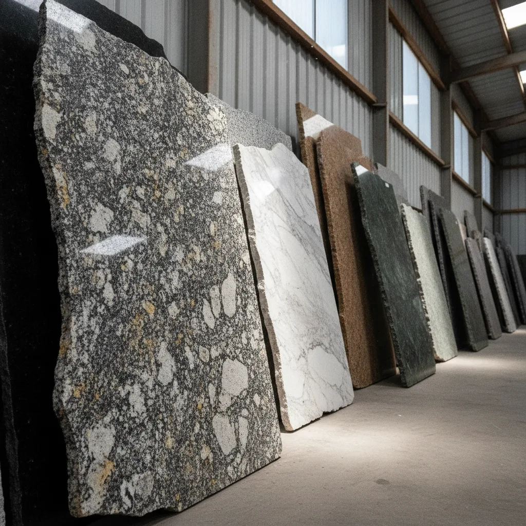 A wide shot of a stone yard remnant slab display showing multiple granite pieces leaning against a warehouse wall.