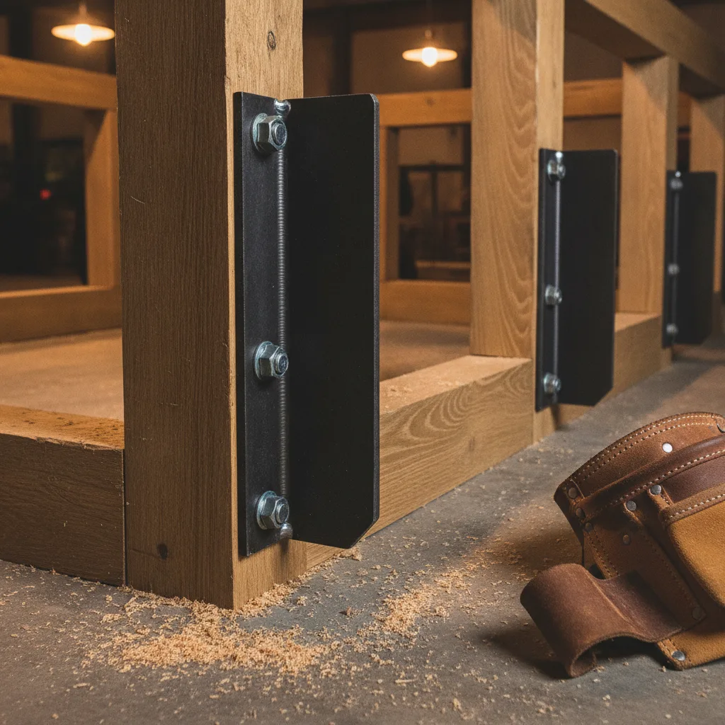 Close-up of steel corbel support brackets bolted into a wooden bar frame with sawdust on the floor and a tool belt.