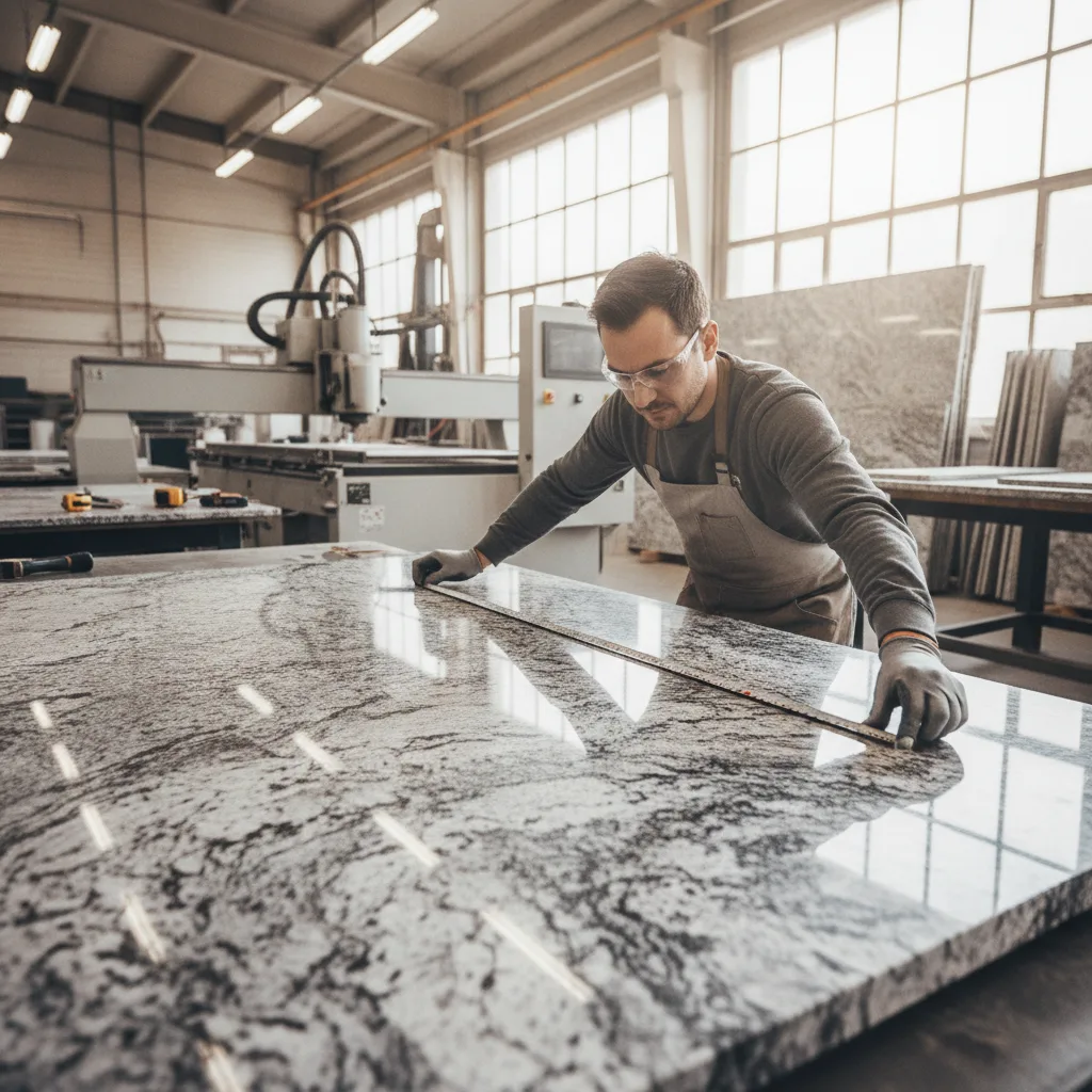 A stone fabricator precisely measuring a granite slab in a well-lit workshop with CNC equipment in the background.