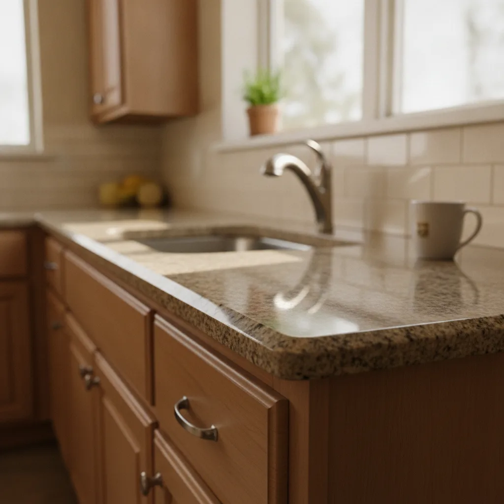 A warm and inviting kitchen with polished granite countertops, an undermount sink, and natural light.