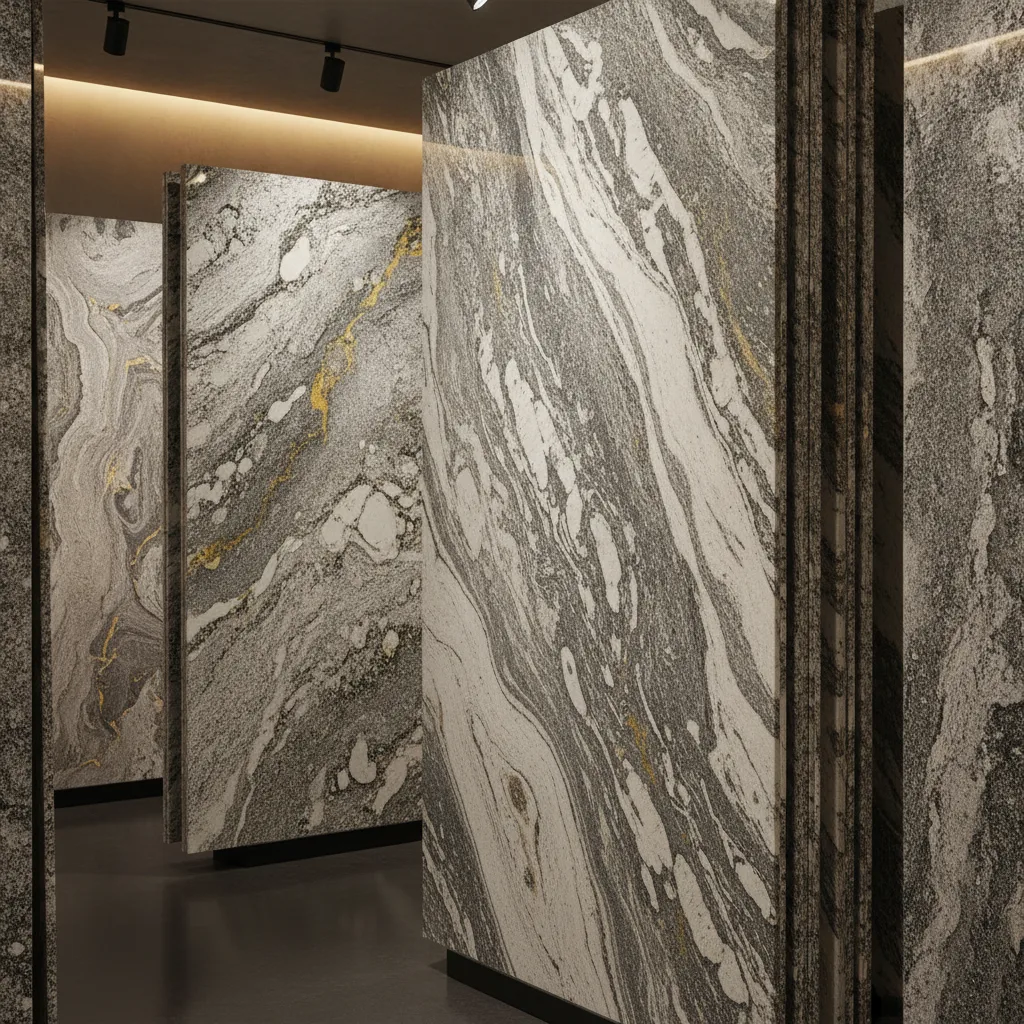 Close-up of multiple granite and quartzite stone slabs standing upright in a showroom with warm ambient lighting.