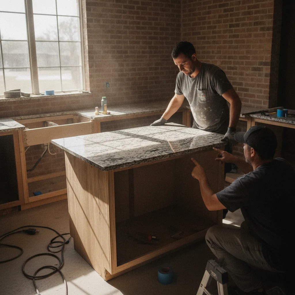 Two countertop installers carefully lowering a granite slab onto kitchen cabinets in a Central Texas kitchen.