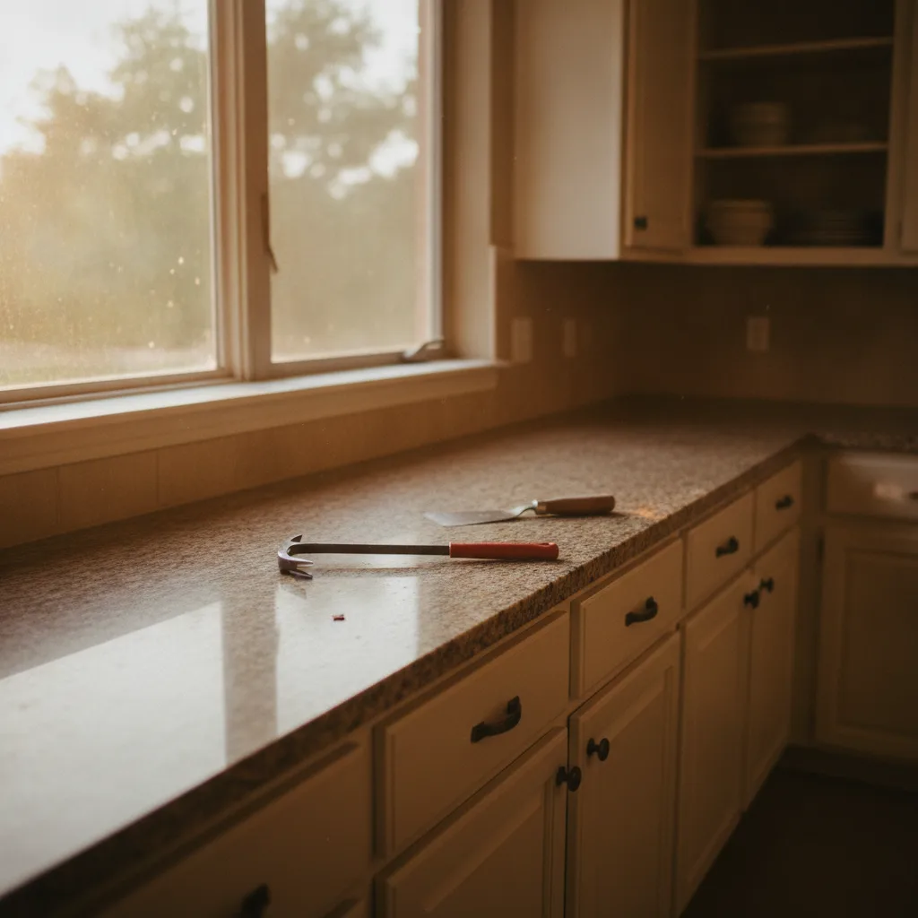 A pry bar and putty knife rest on worn granite countertops in a Central Texas kitchen with warm morning light.