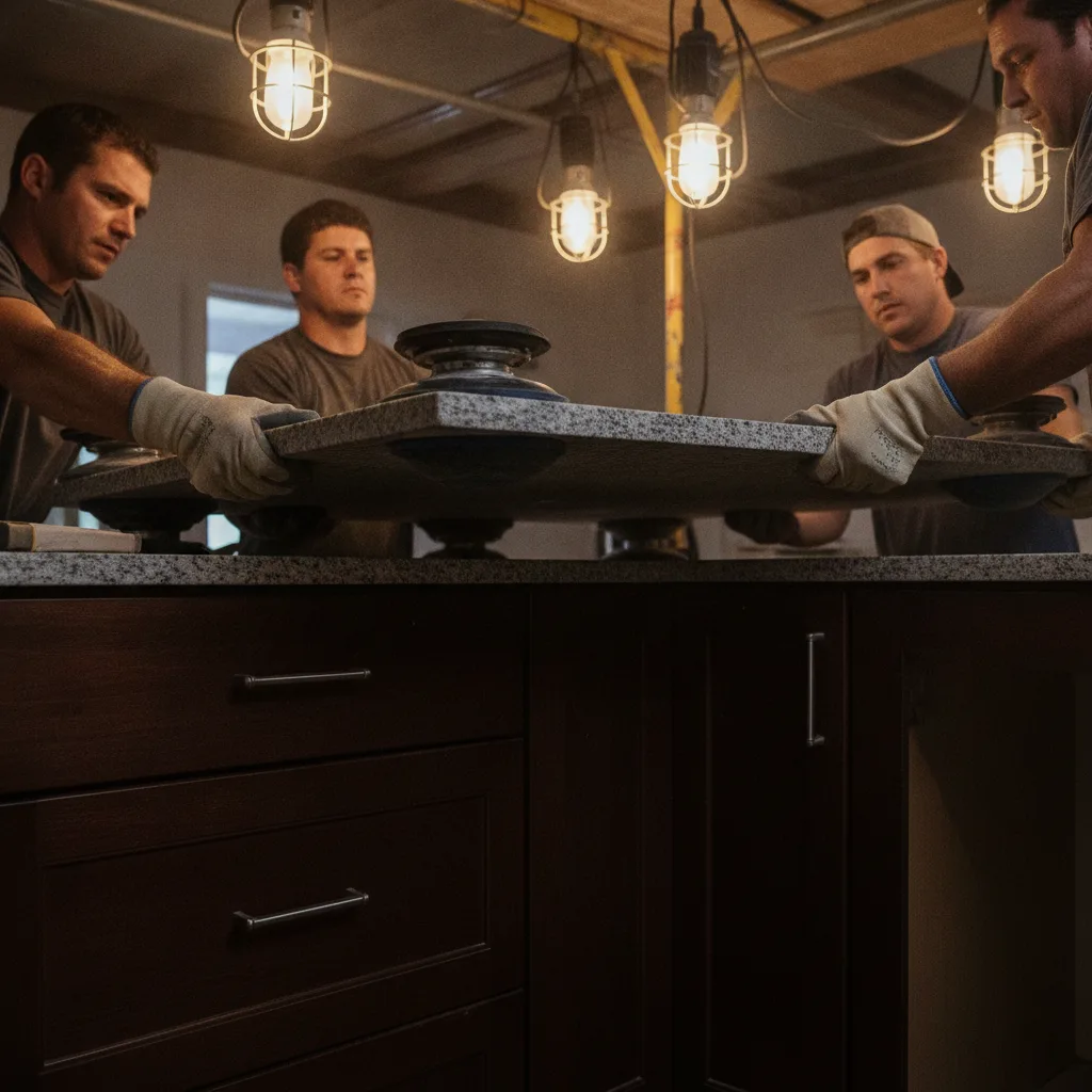Four construction workers in gloves use suction cups to lift a heavy granite countertop off kitchen cabinets.