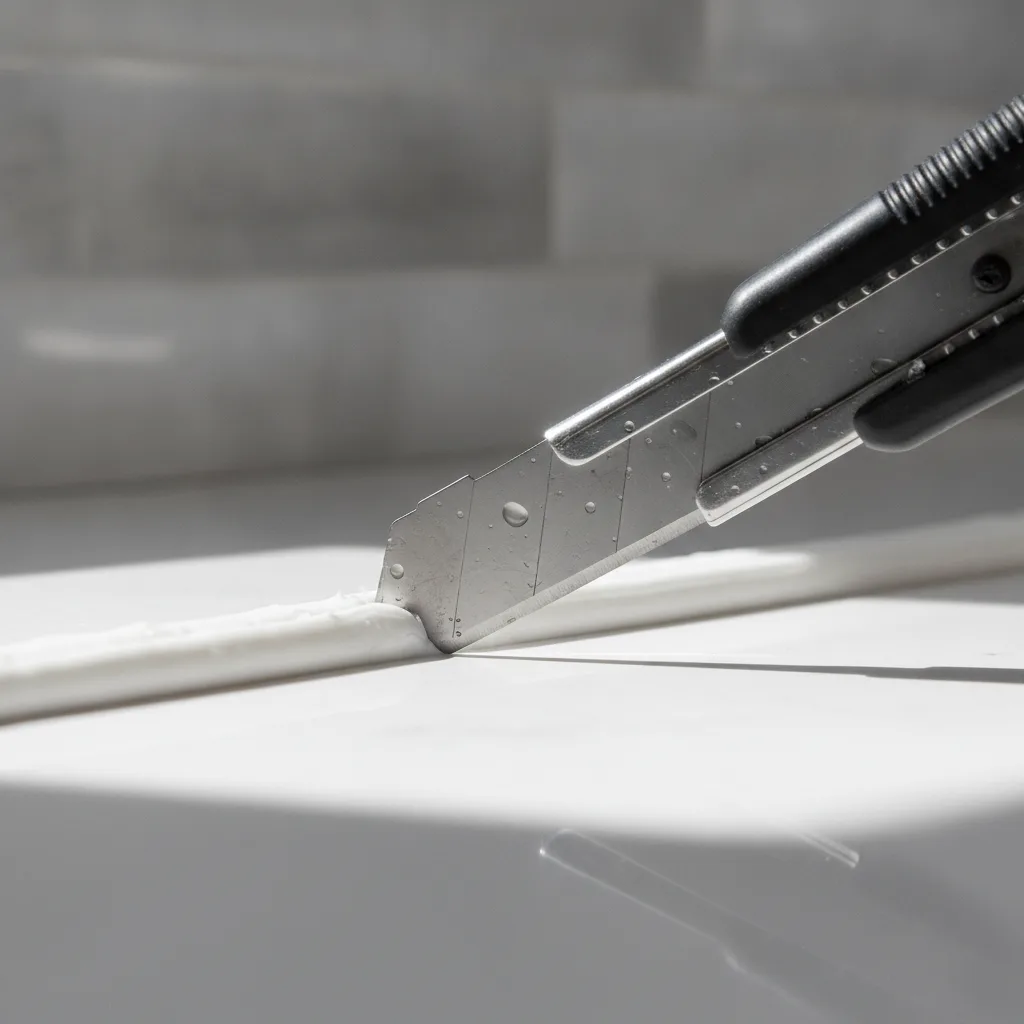 Detail shot of a utility knife scoring caulk where a quartz countertop meets a tile backsplash.