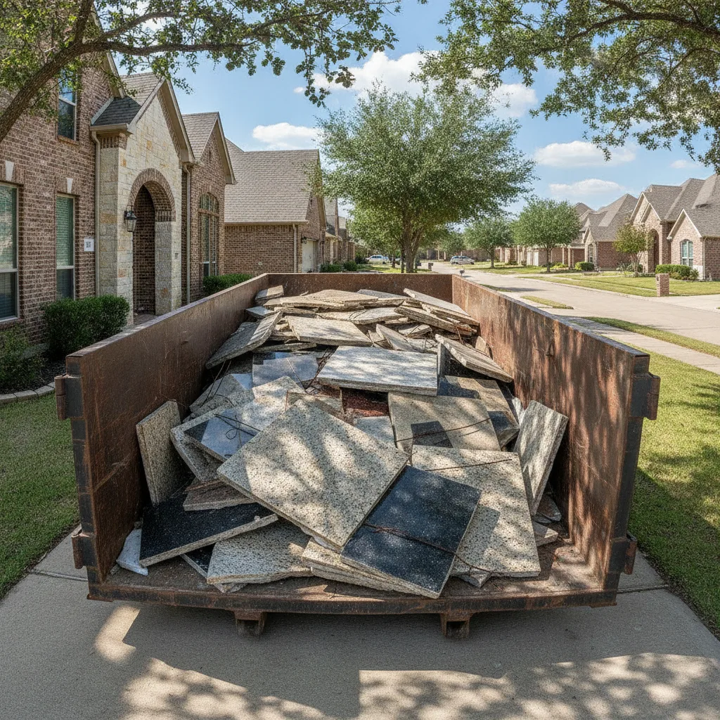 A dumpster loaded with broken granite and stone countertop slabs in a Central Texas suburban driveway on a sunny day.