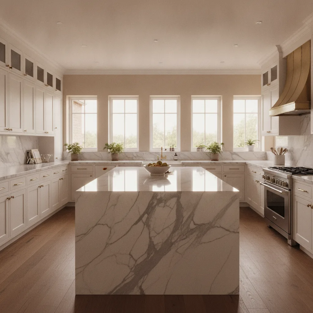 A wide, professional editorial photograph of a modern kitchen with a large marble island, white cabinetry, and natural light.