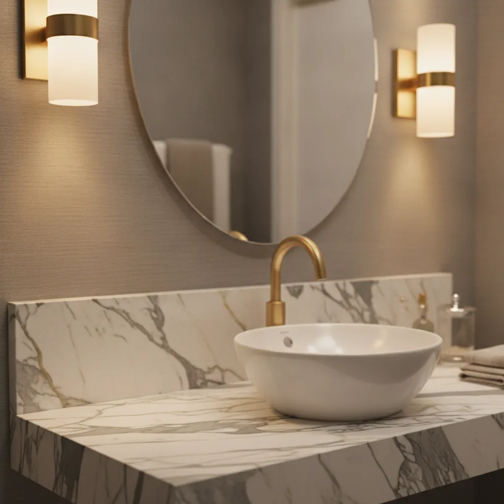 Photorealistic bathroom vanity with Calacatta marble, vessel sink, brushed gold faucet, and warm wall sconces.