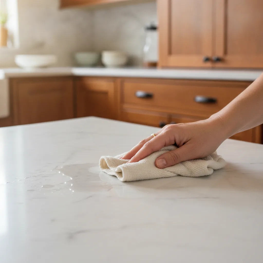 A hand gently blotting a water spill on a honed white marble countertop with a soft cloth in a kitchen setting.