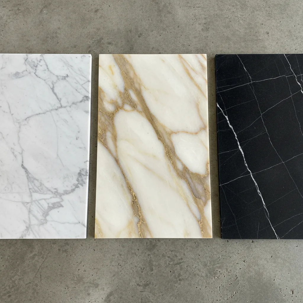 Three marble slab samples: Carrara (grey veining), Calacatta (gold veining), and Nero Marquina (black).