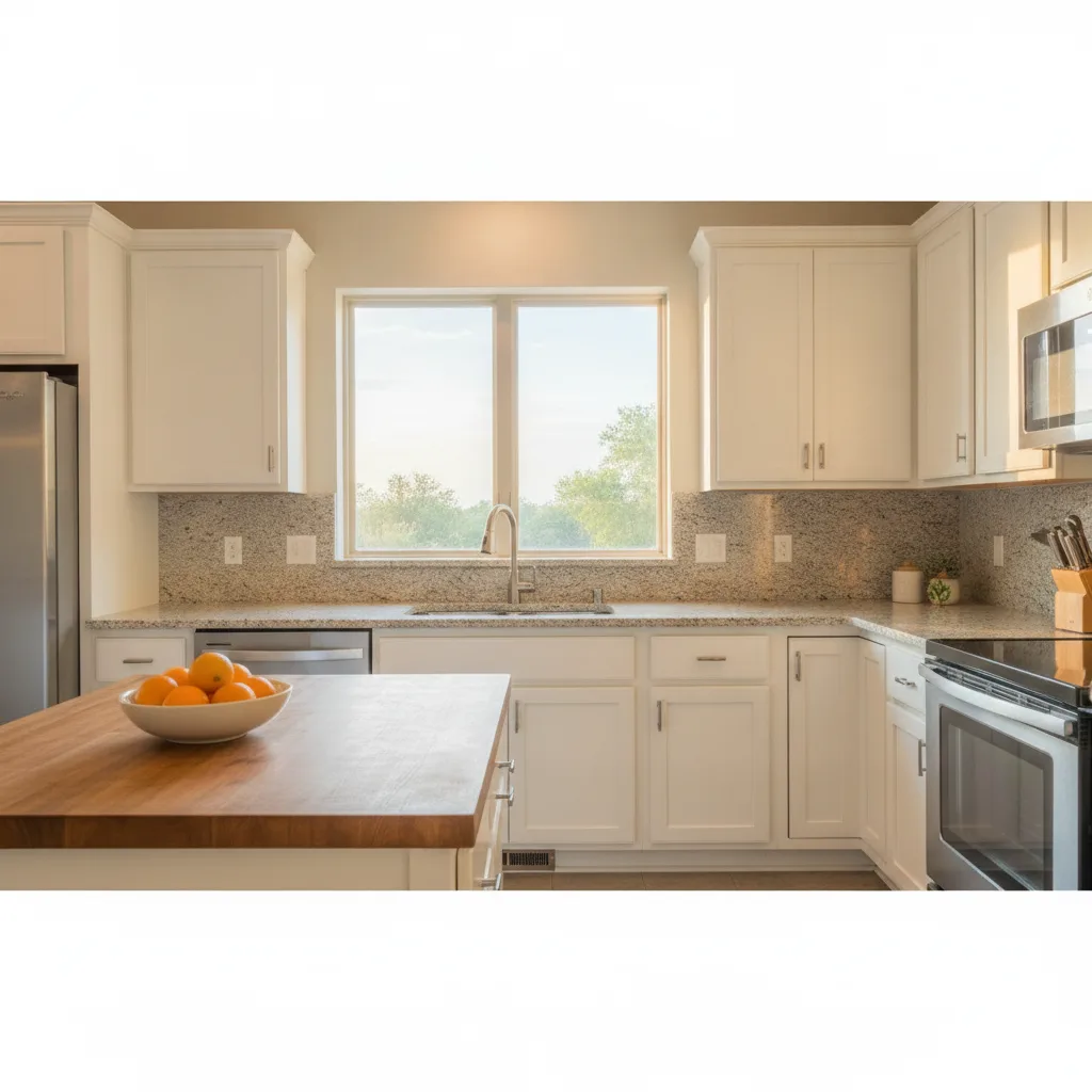 Bright Central Texas kitchen with granite countertops, white shaker cabinets, and stainless steel appliances.