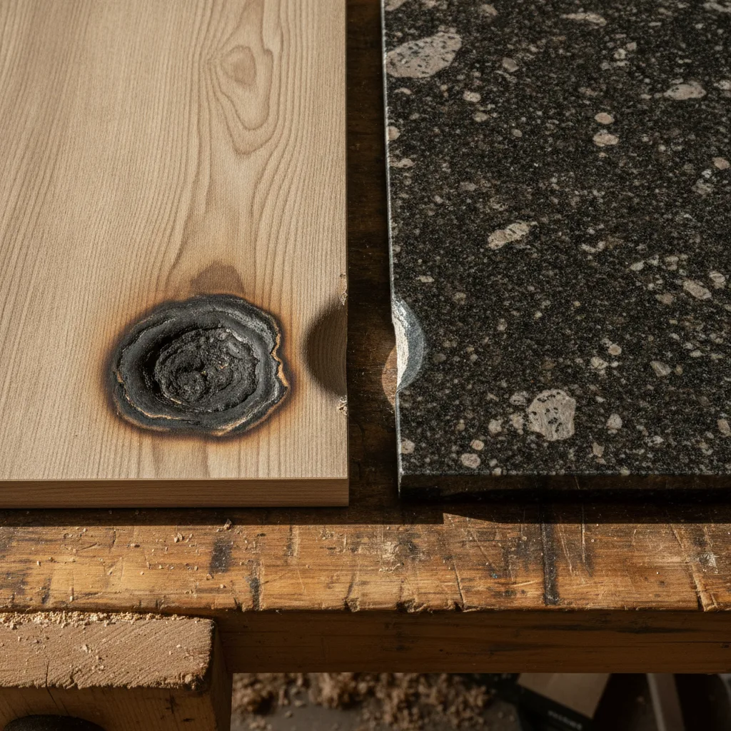 A burnt laminate countertop next to a pristine granite surface on a workbench, showing their durability difference.