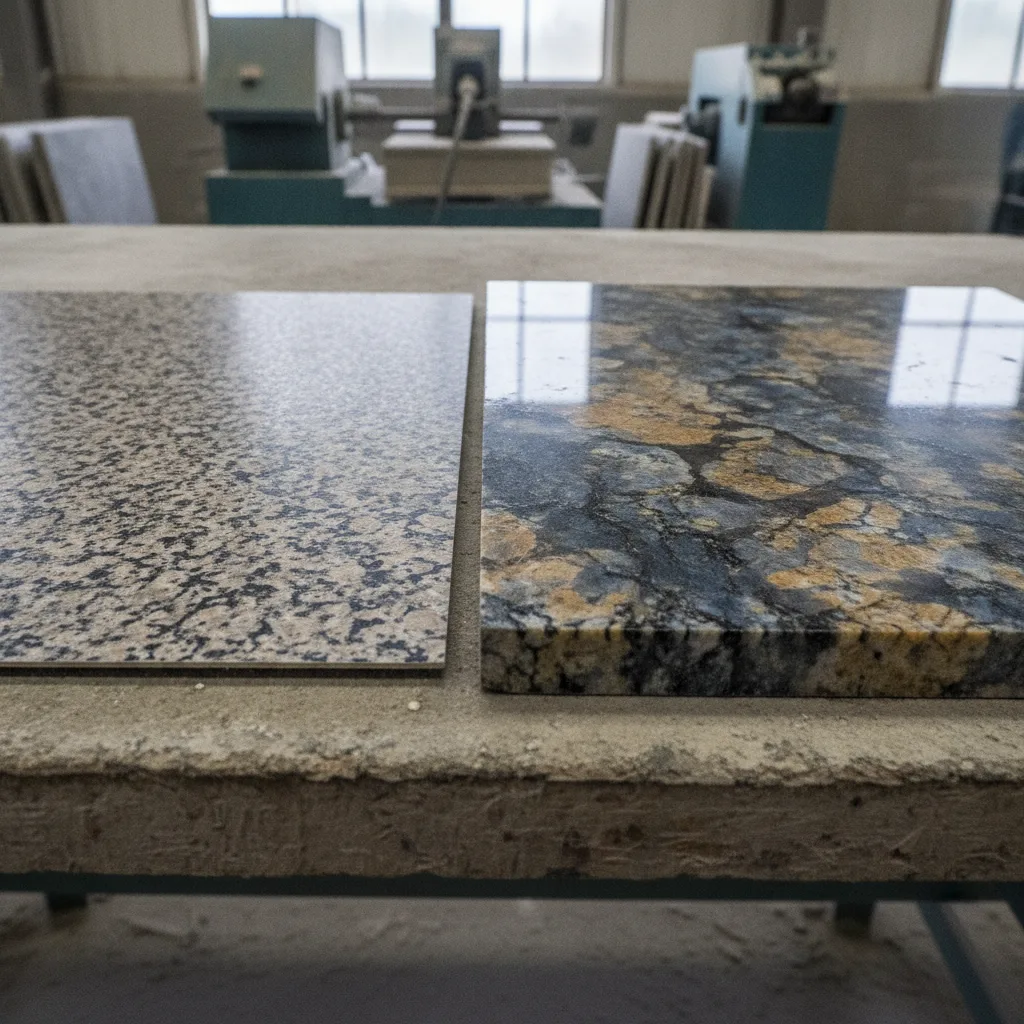 Close-up of two countertop samples, one laminate and one granite, on a fabrication table.
