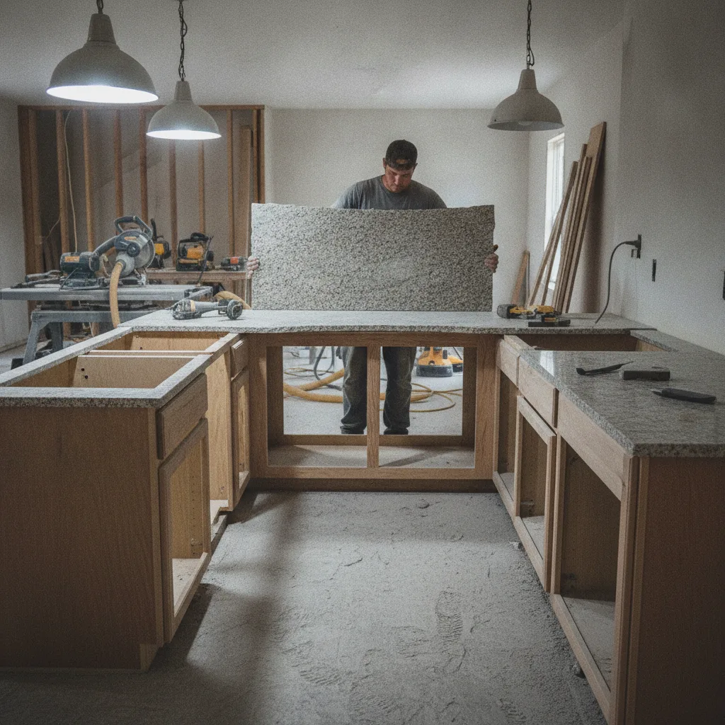 A Central Texas kitchen renovation in progress: a fabricator placing a granite slab onto base cabinets, granite dust on the floor.