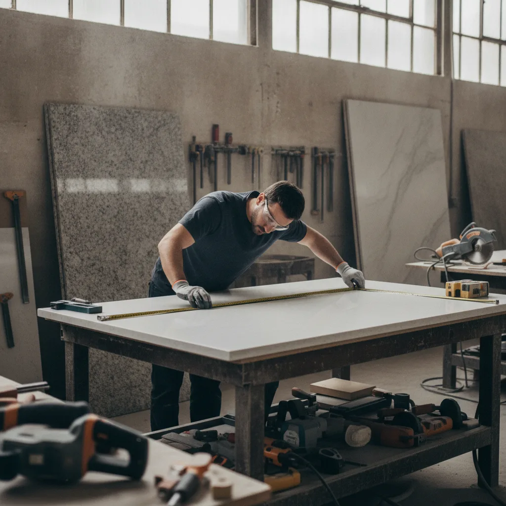 A stone fabricator measures a white quartz slab in a workshop with tools and stone slabs under natural light.