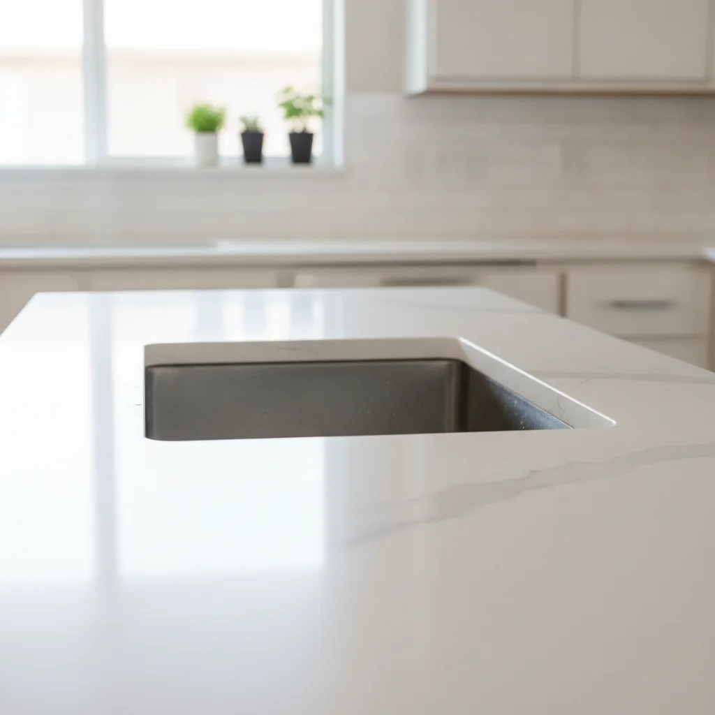 Modern kitchen with a freshly installed quartz countertop, undermount sink visible, reflecting soft window light.