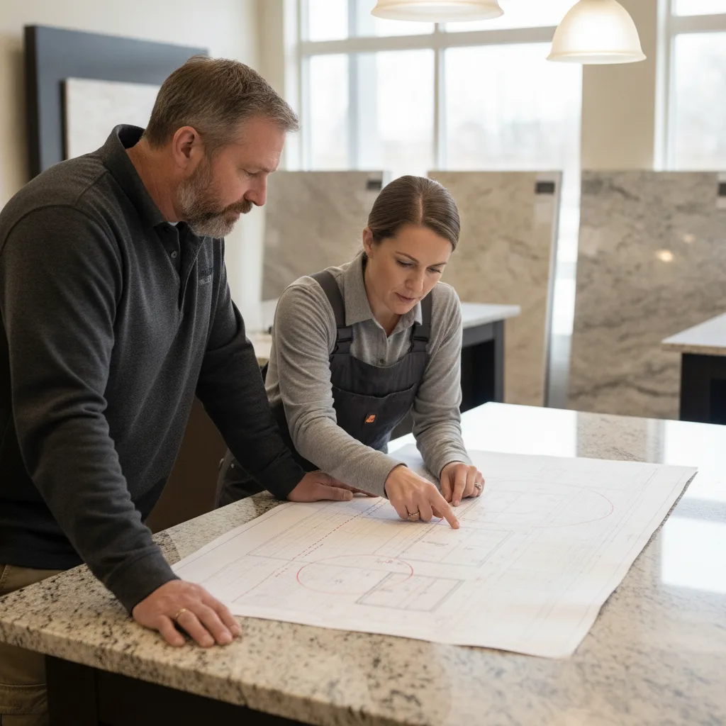 Homeowner and stone fabricator review a slab layout drawing on a showroom countertop, discussing seam placement.