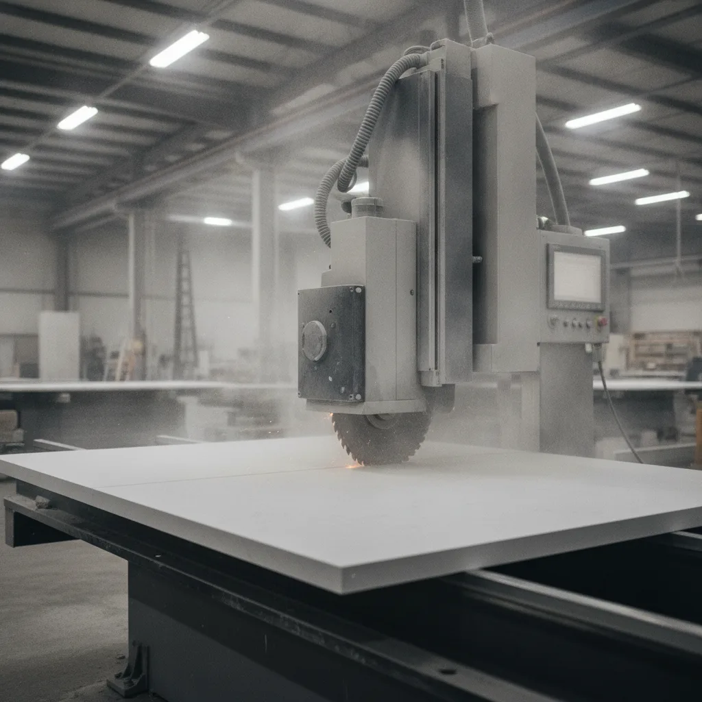 A close-up view of a CNC stone-cutting machine precisely slicing a thick white quartz slab in a fabrication shop.