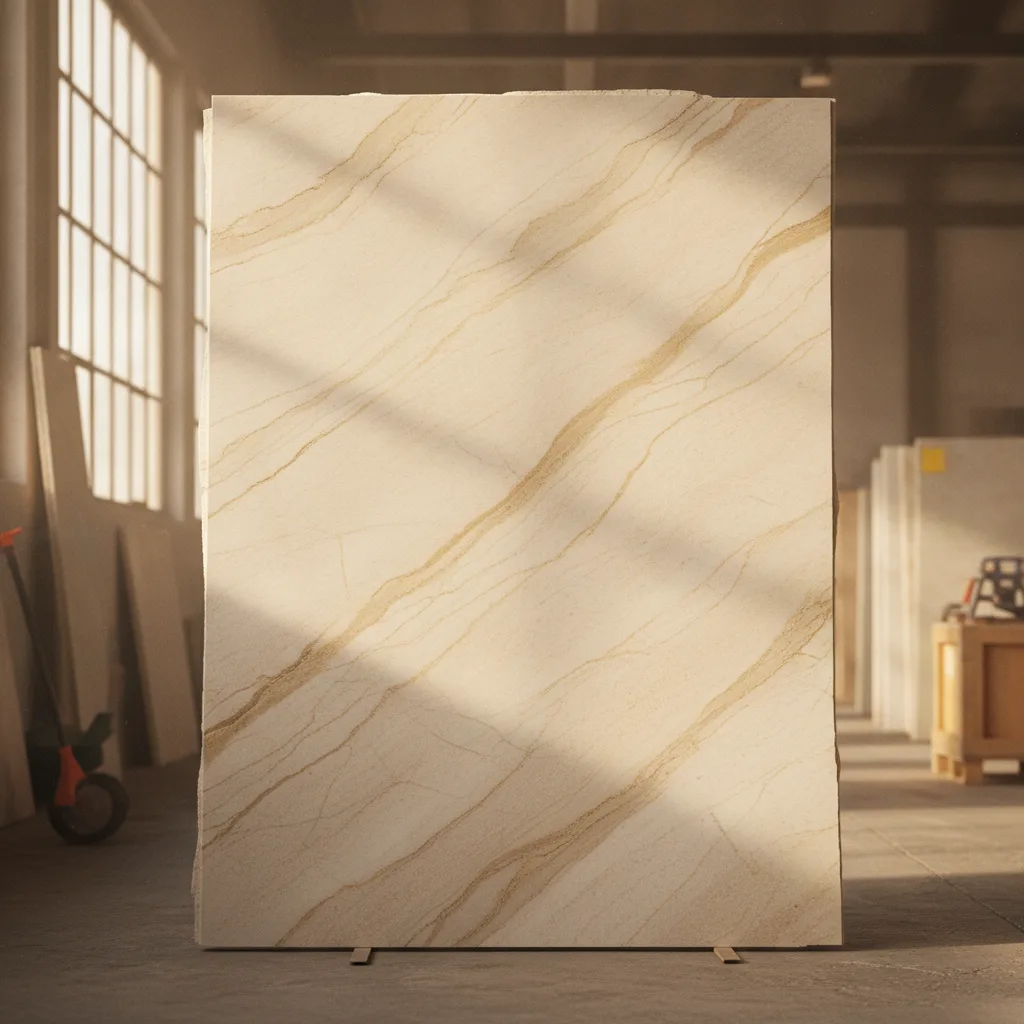 Full Taj Mahal quartzite slab in a stone fabrication yard showroom, showing cream and champagne-gold veining