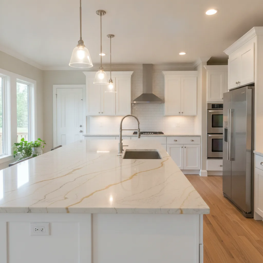 Wide-angle photo of a finished kitchen featuring Taj Mahal quartzite countertops, white shaker cabinets, and subway tile backsplash