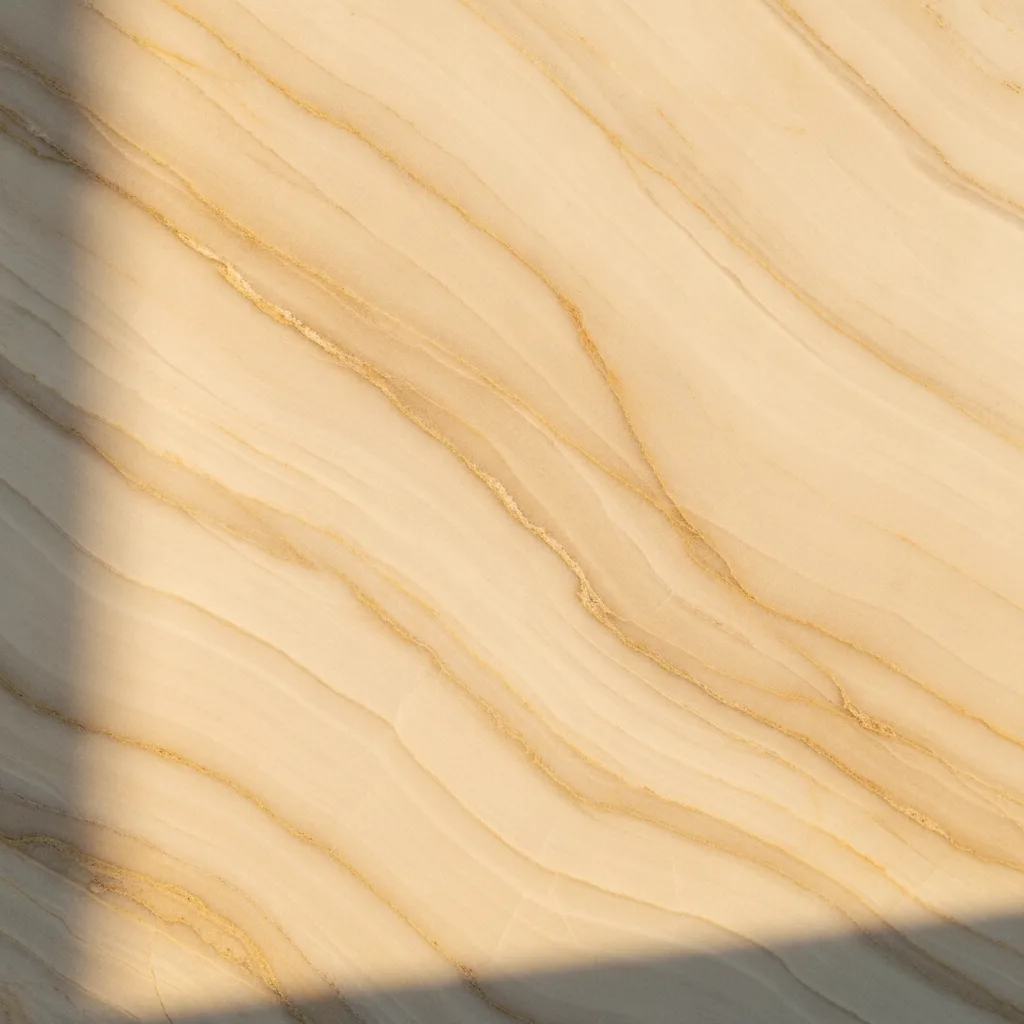 Close-up of Taj Mahal quartzite slab with gold and taupe veining on ivory, lit by warm afternoon window light.