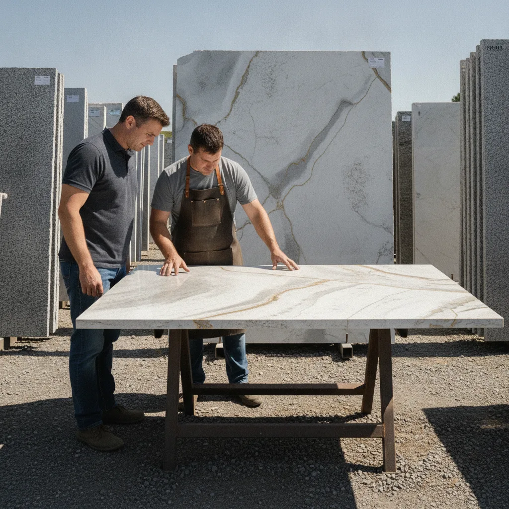 Homeowner and stone fabricator examine a full quartzite slab on a display rack in a sunlit slab yard.