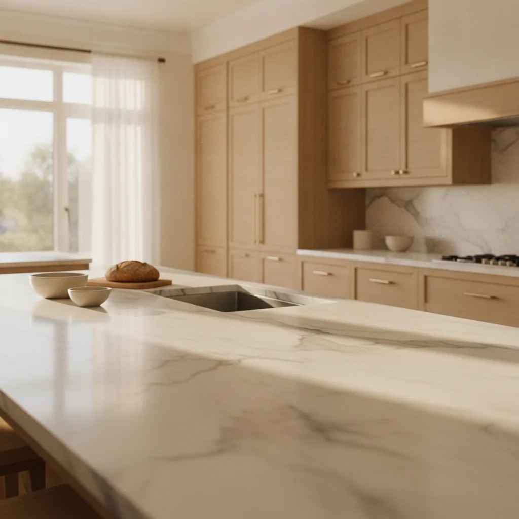 A wide photorealistic kitchen with white Carrara marble countertops, natural wood cabinetry, and warm afternoon light.