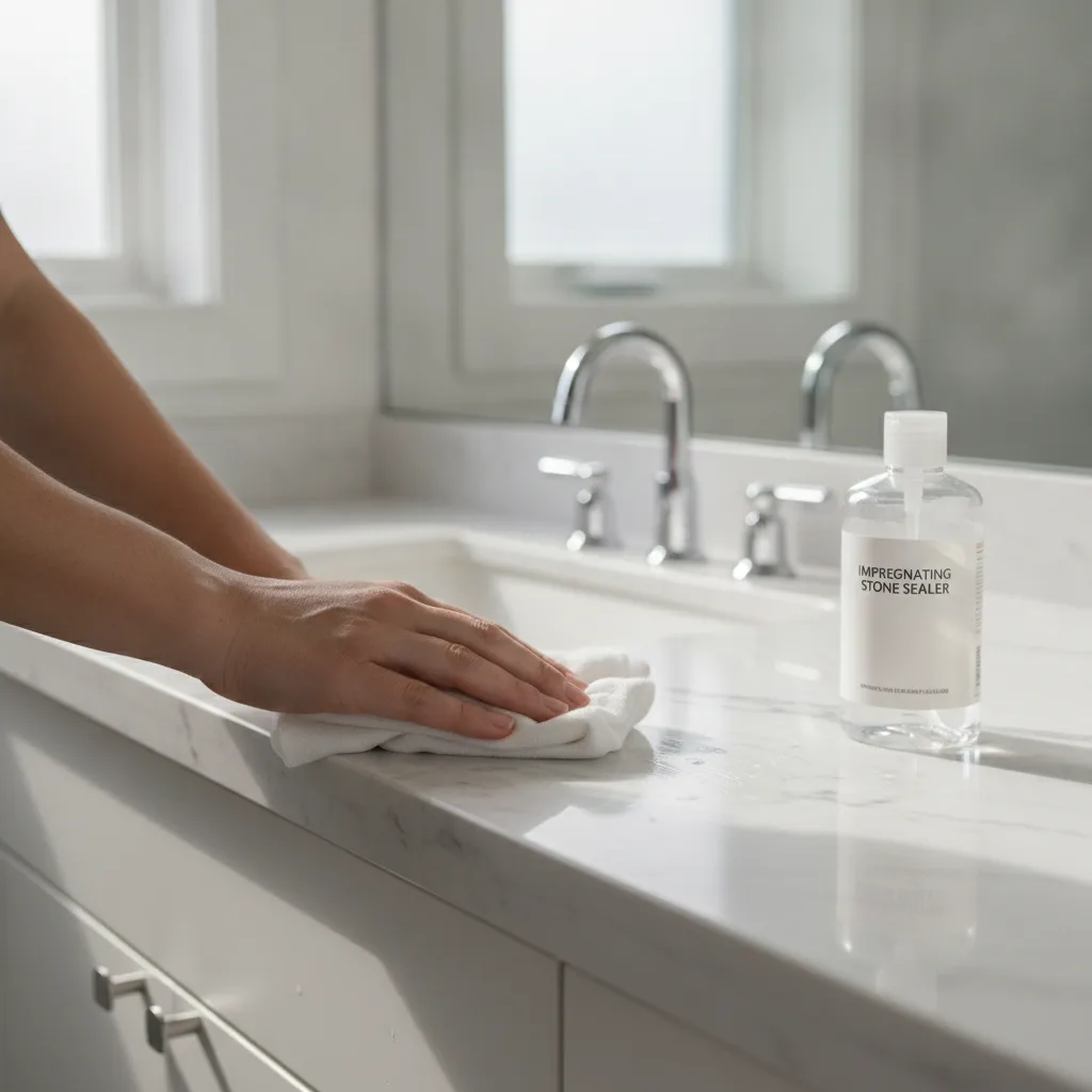 A person applies stone sealer to a white marble bathroom vanity countertop with a cloth, a bottle of sealer nearby.