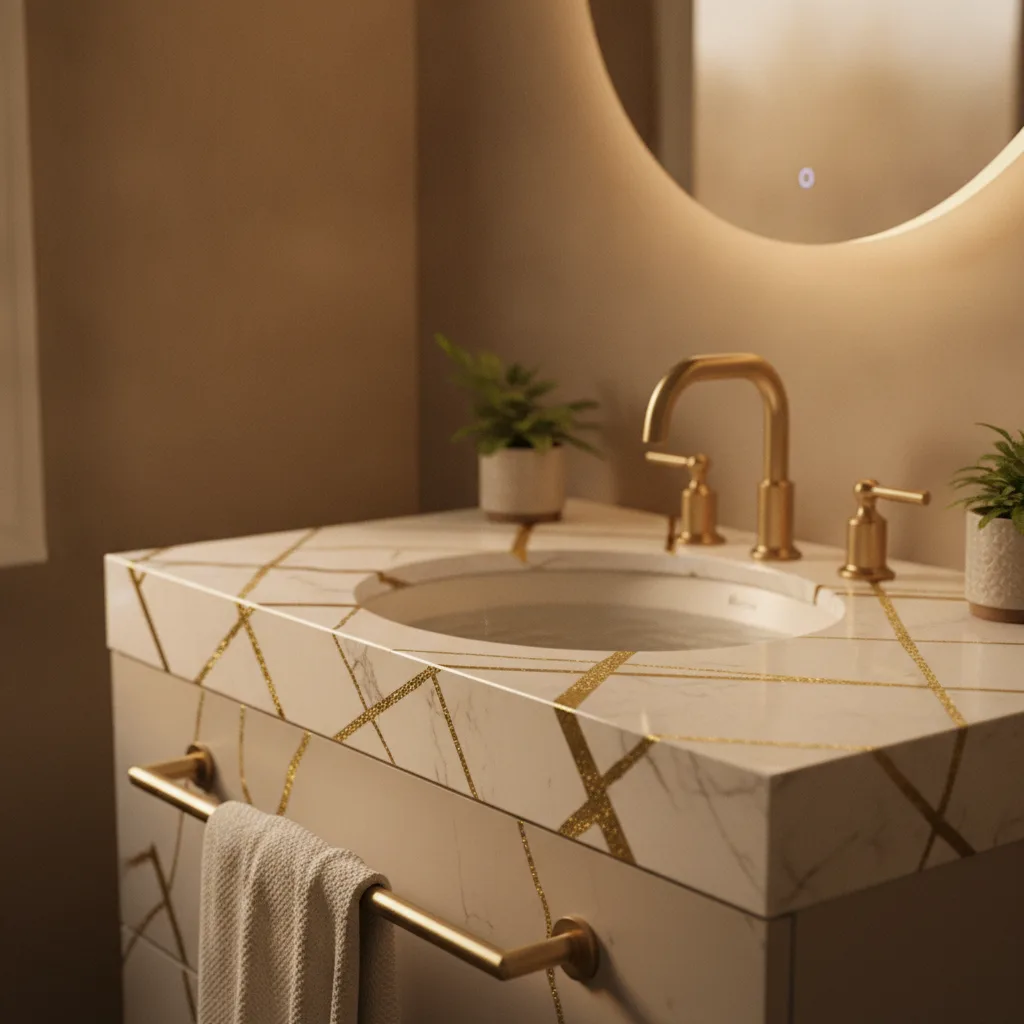 Polished white marble bathroom vanity with bold gold veining, brushed gold hardware, and a vessel sink.