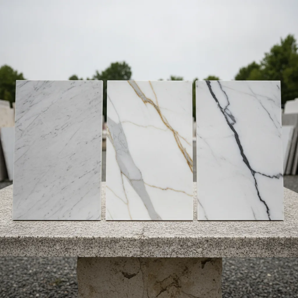 Three distinct marble slabs, Carrara, Calacatta, and Statuario, showcased side-by-side on an outdoor stone table.