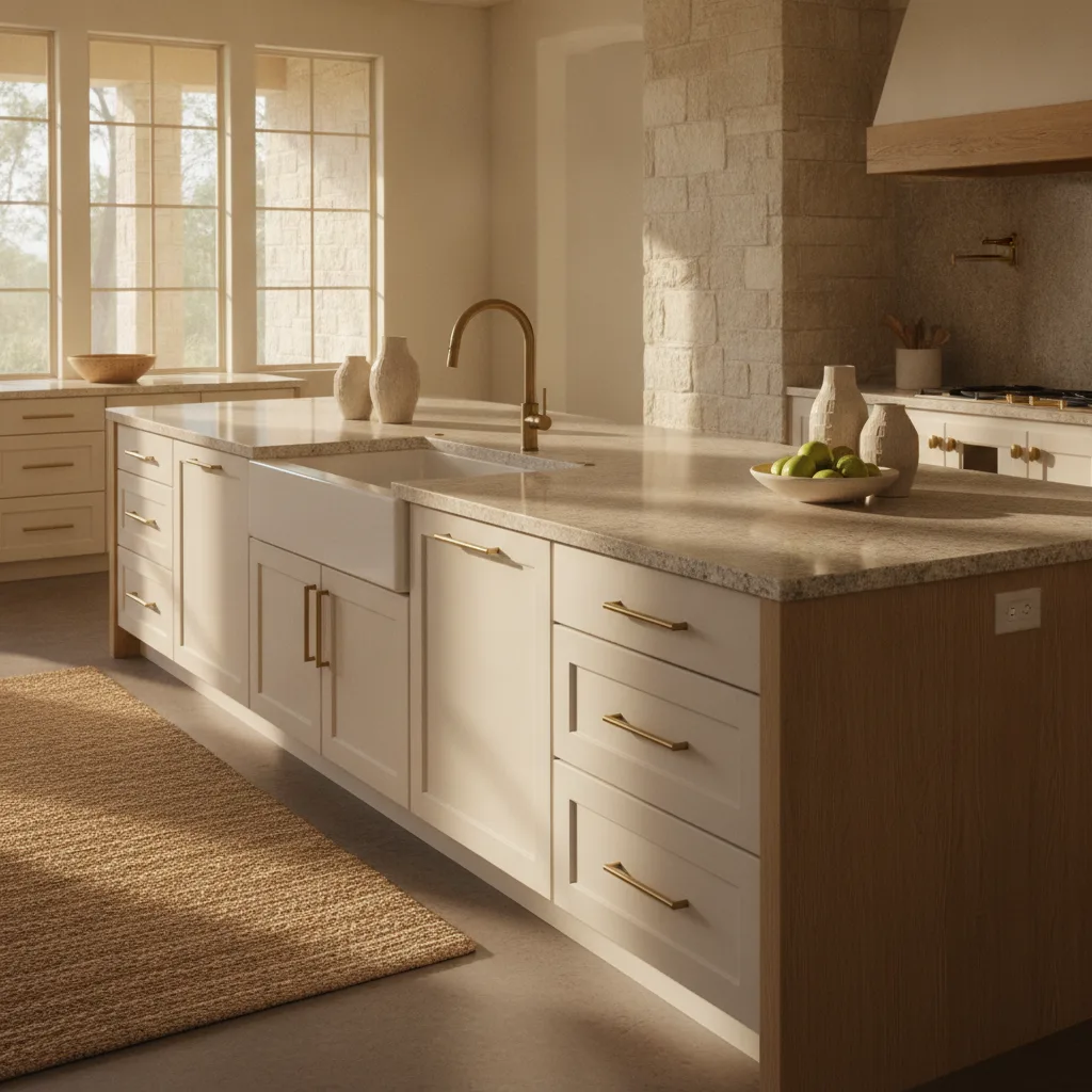 A bright Hill Country Modern kitchen with a large island, leathered warm-white granite, white oak, brass hardware, and limestone.