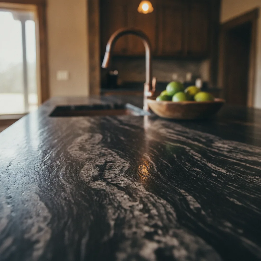 Close-up of a leathered black granite countertop with limes in a bowl and a copper faucet in the background.