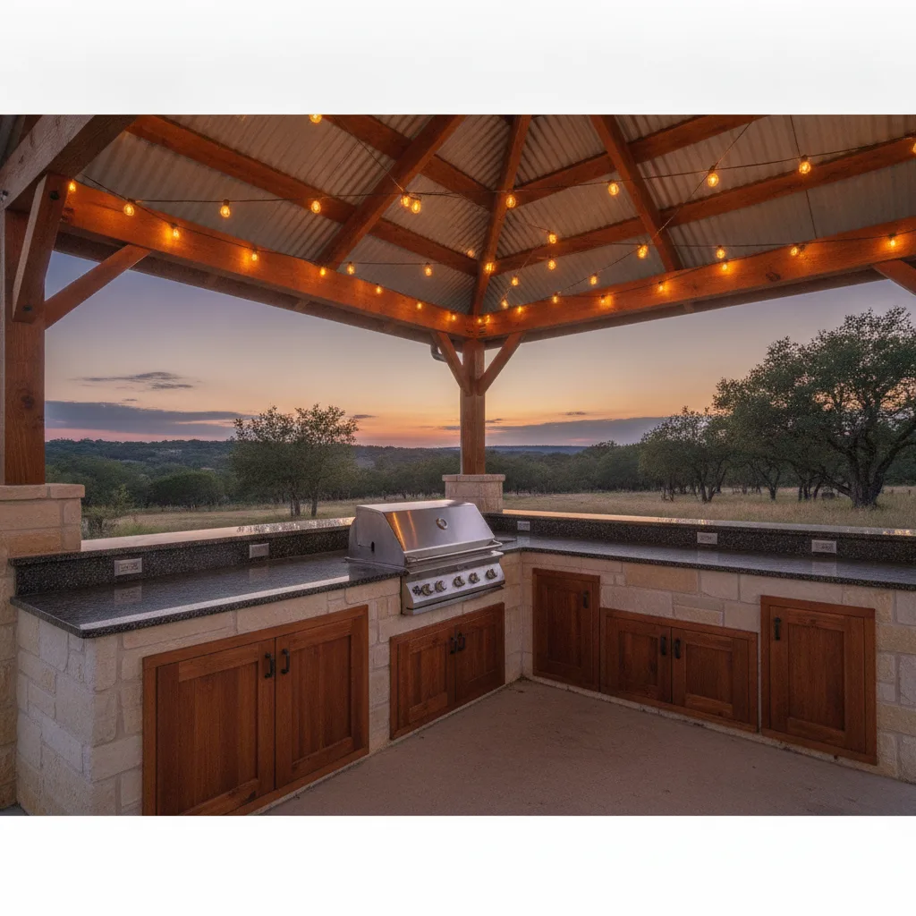 Photorealistic image of a covered outdoor kitchen in Texas Hill Country at dusk with cedar cabinetry and limestone surround.