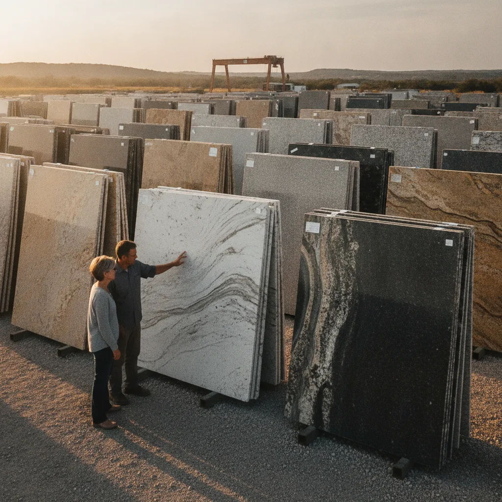 A homeowner and countertop professional examine a granite slab in a Central Texas stone yard at golden hour.