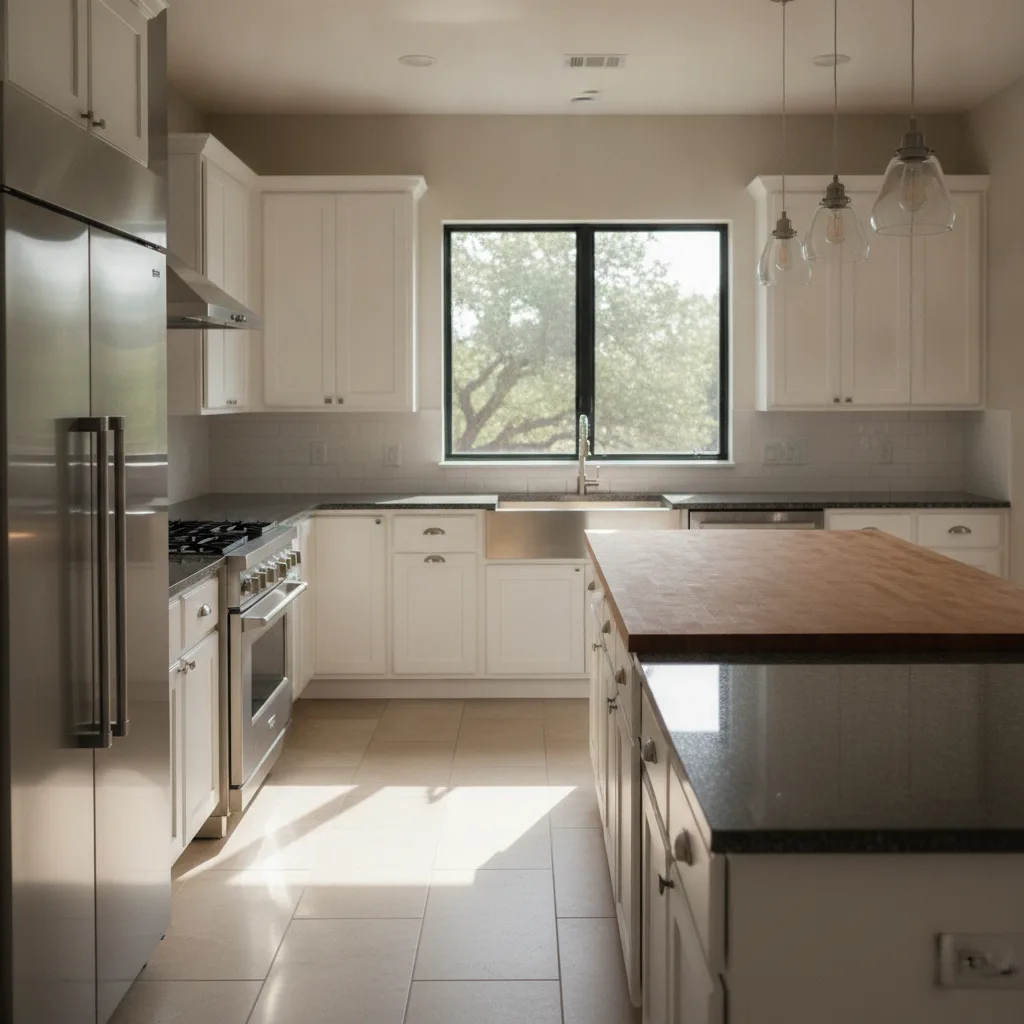 Modern Texas kitchen with charcoal granite and maple butcher block, white shaker cabinets, and stainless appliances
