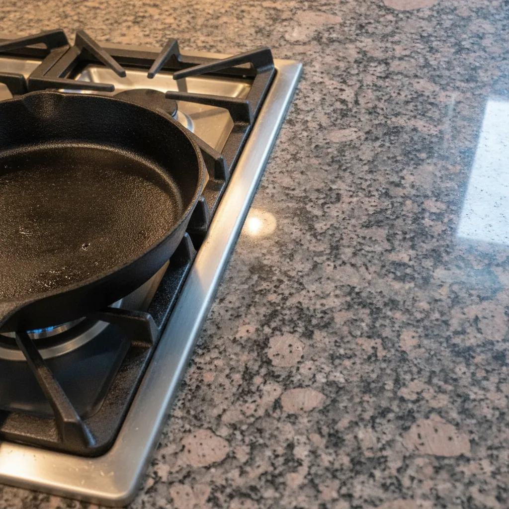 A close-up of a kitchen granite countertop with a cast-iron skillet resting on a gas burner.