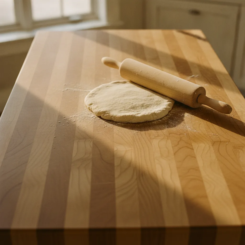 Overhead shot of a maple butcher block kitchen island with a rolling pin and pastry dough, lit by natural window light.