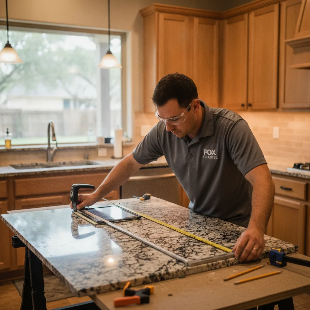 A Fox Granite professional templating a granite slab in a Central Texas home kitchen.