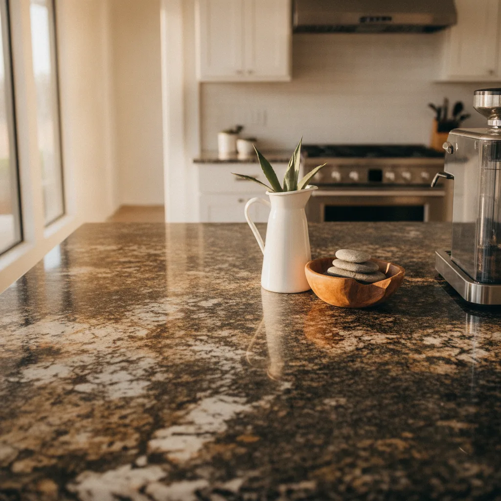 Editorial photograph of a polished granite countertop in a modern Central Texas kitchen with natural light.