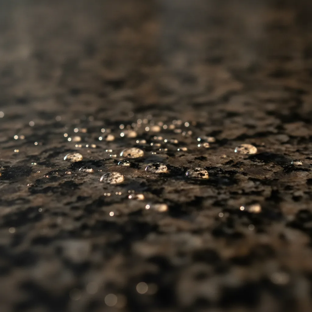 Photorealistic close-up of water droplets beading on a polished granite countertop, with natural side lighting.