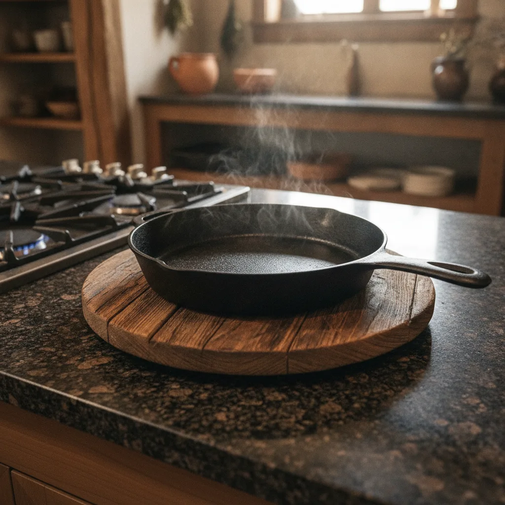 A photorealistic image of a cast iron skillet resting on a wooden trivet on a dark granite countertop.