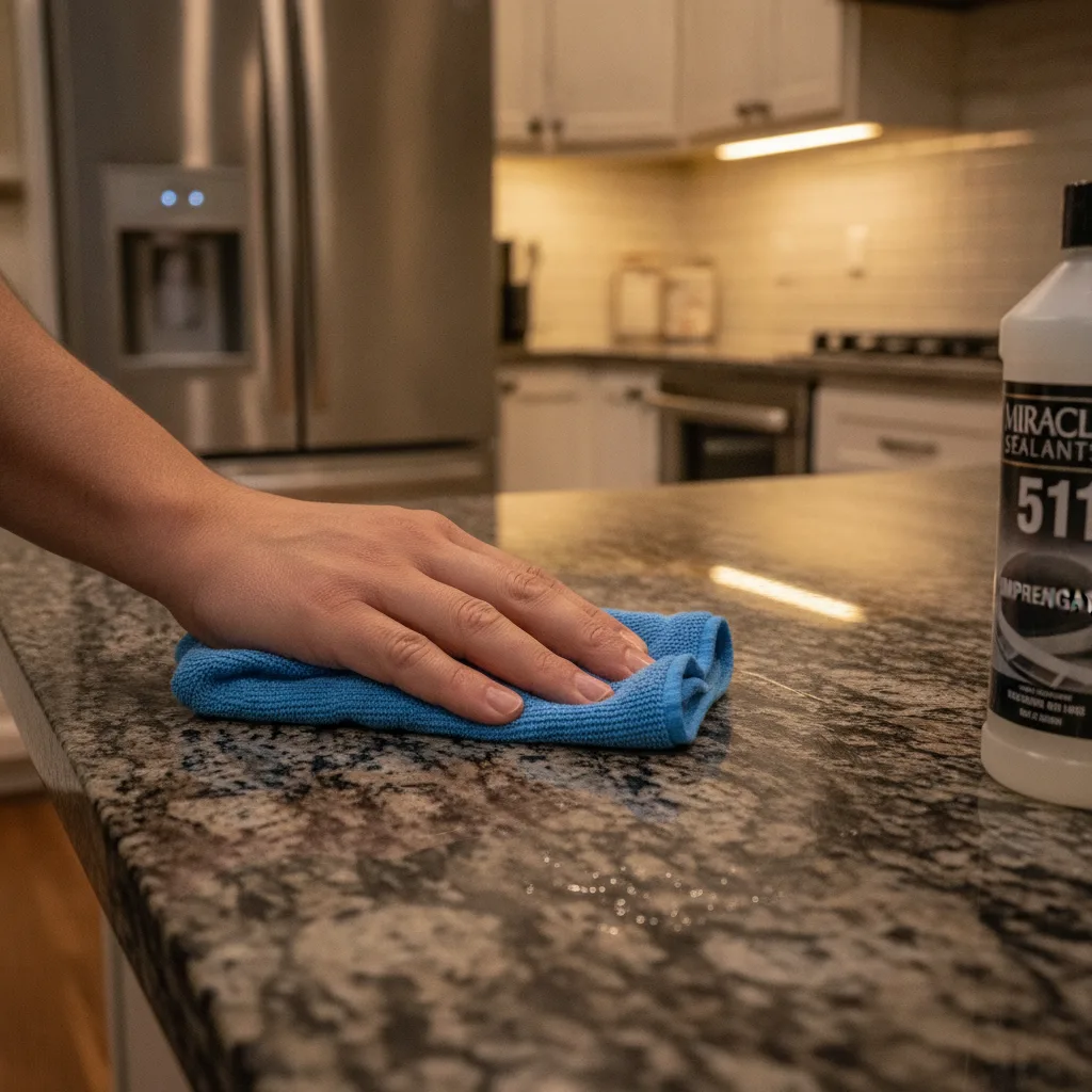 Hand applying stone sealer to a granite countertop with a microfiber cloth in a kitchen setting.