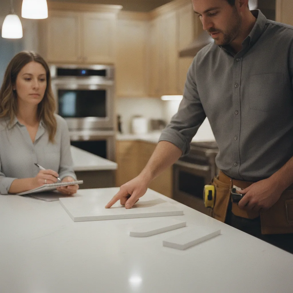A contractor points out eased and ogee edge profiles on a quartz countertop during an in-home kitchen consultation.