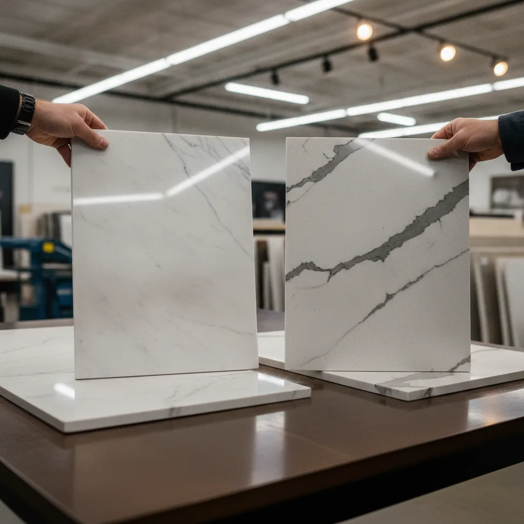 Homeowner's hands comparing Carrara marble to veined quartz slabs in a showroom, shallow depth of field.