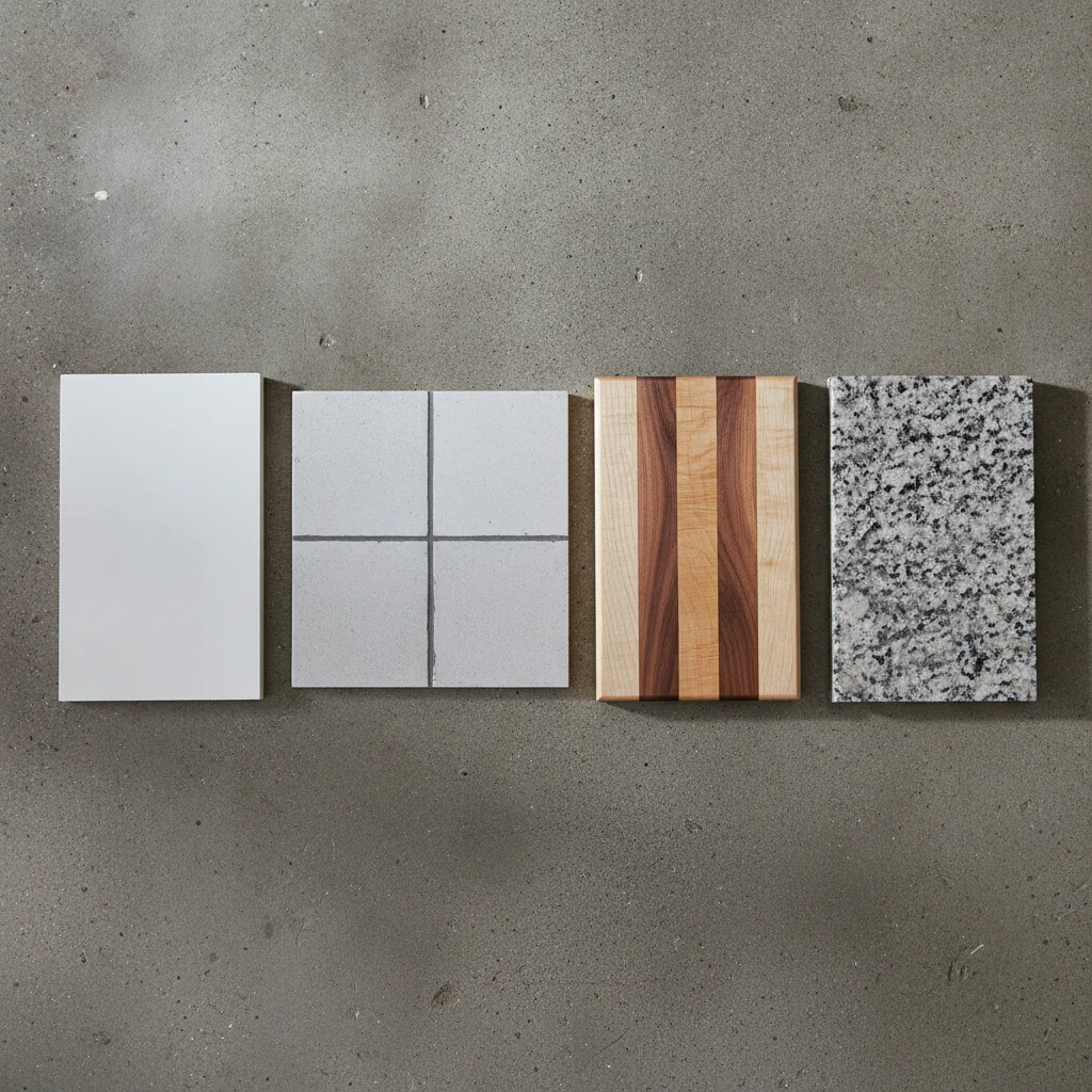Four countertop samples: white laminate, ceramic tile, butcher block, and granite, on a concrete floor with natural light.