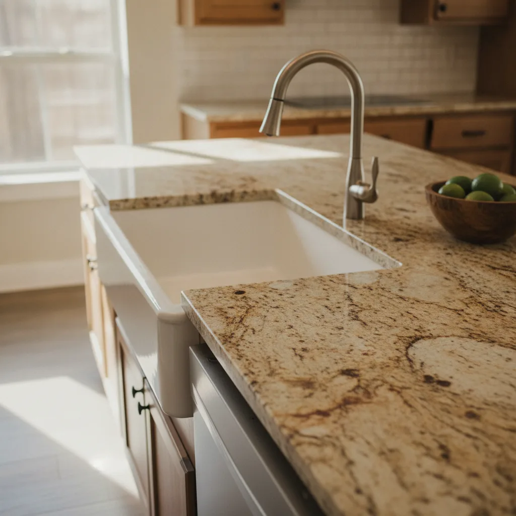 A warm-toned granite kitchen island with a farmhouse sink and modern faucet, illuminated by morning light.