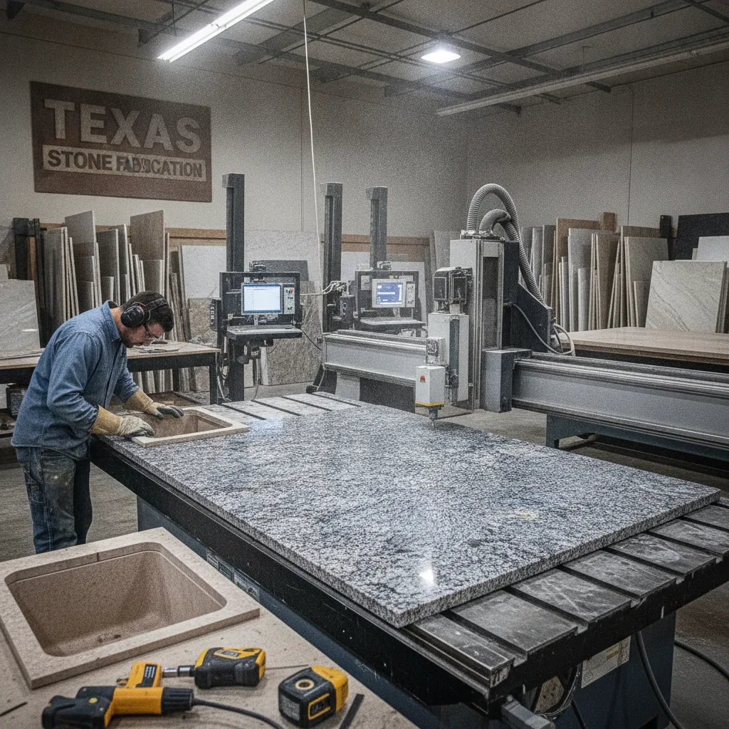A stone fabricator's workshop in Texas, showing a large granite slab on a CNC cutting table and a technician inspecting a cutout.