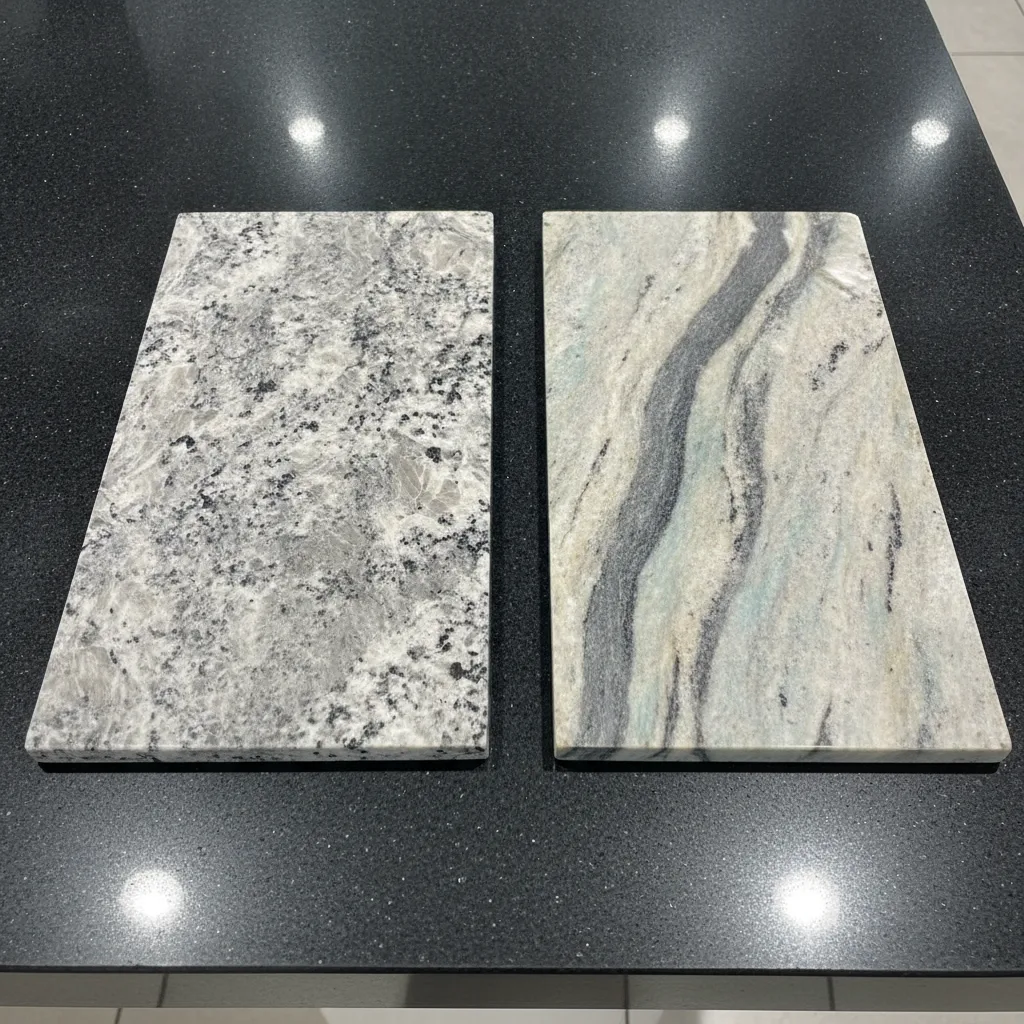 Two granite slab samples display natural color and veining variations on a showroom countertop.
